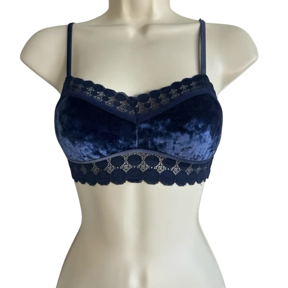 Aerie Crushed Velvet Lace Trim Longline Bra Navy Blue Boho Coquette Size XS